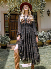 Embroidered Polka Dot Tie Neck Long Sleeve Midi Dress Black OutfitFlow